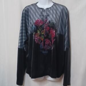 ADELE Black & Gray Velve Blouse With Flowers on the Front. Size 3X